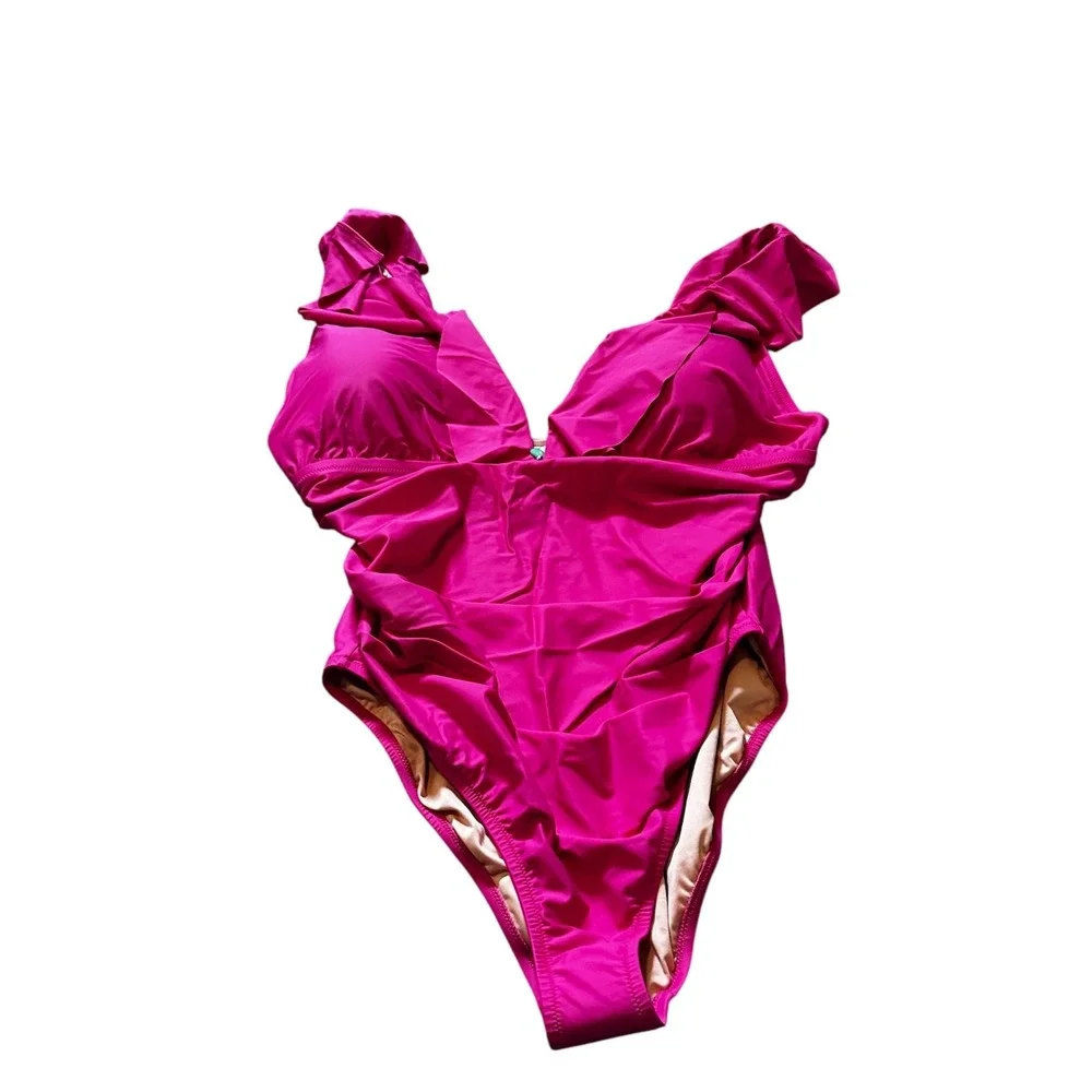 J.Crew Ruffle Plunge‎ One Piece Swimsuit Ruched Pink Size 22